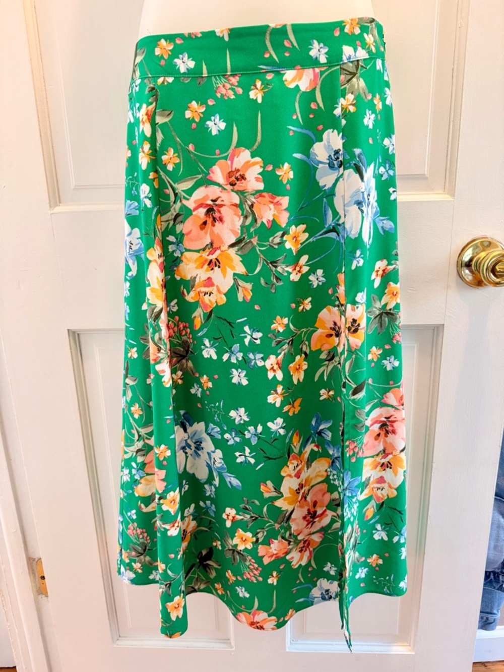 LOFT Green Floral skirt with Pink and Blue Accents